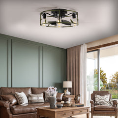 19" Green Industrial Ceiling Fan with Light - Flush Mount Caged Ceiling Fan with Remote, 3-Light Rustic Ceiling Fan, Silent 6-Speed Reversible DC Motor for Bedroom, Living Room (Bulb Not Included)