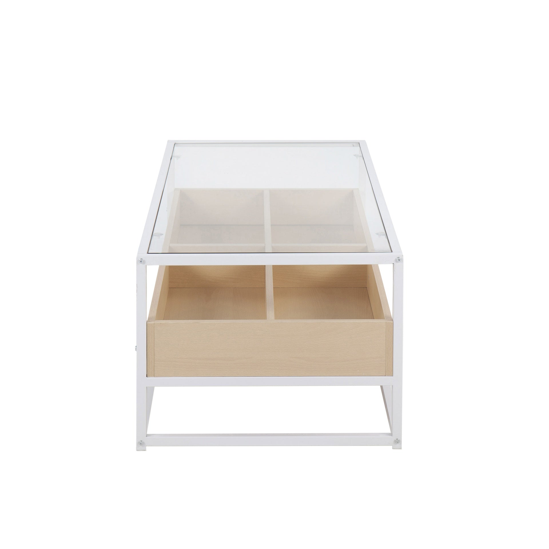 Display Contemporary Coffee Table in White Metal, Natural Wood, and Clear Glass by LumiSource