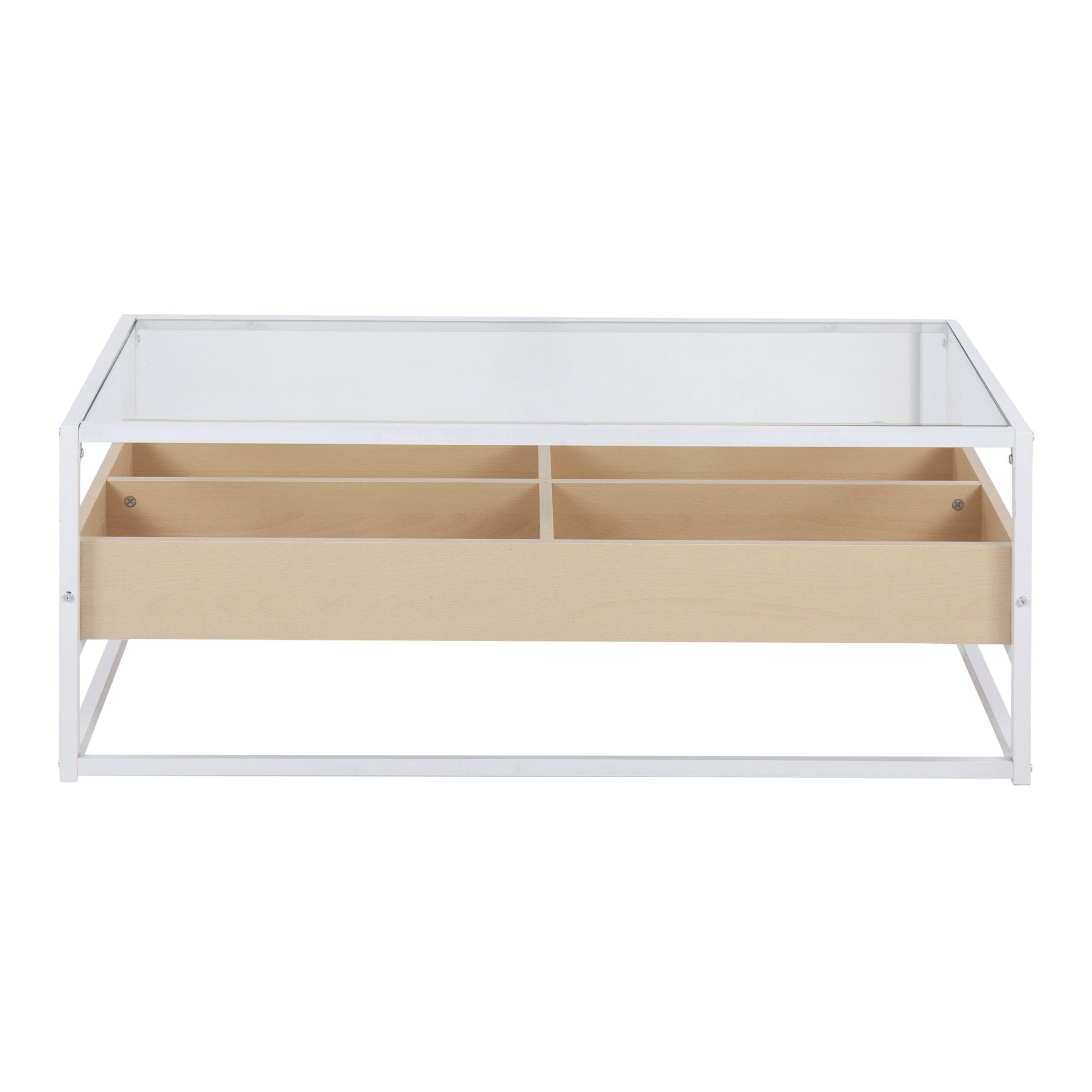 Display Contemporary Coffee Table in White Metal, Natural Wood, and Clear Glass by LumiSource