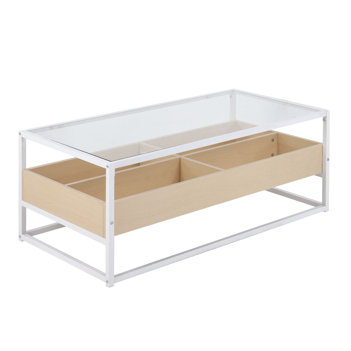 Display Contemporary Coffee Table in White Metal, Natural Wood, and Clear Glass by LumiSource