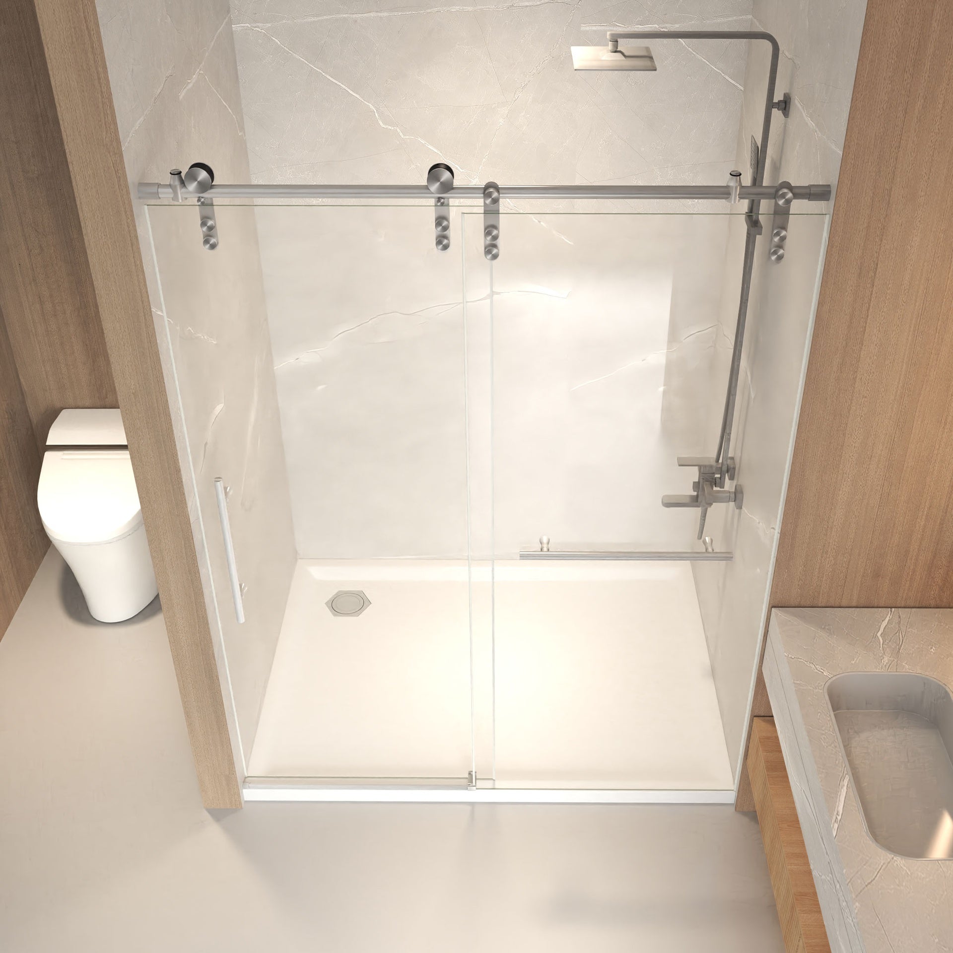 56-60" x 76" H Frameless Sliding Shower Door, 5/16" (8mm) Clear Tempered Glass, Stainless Steel Frame,Brushed Nickel