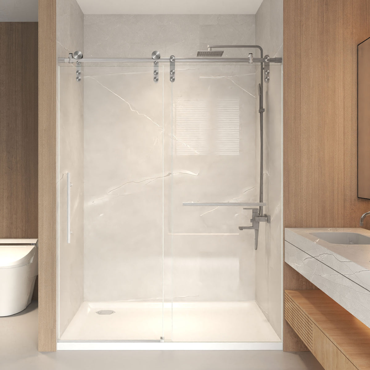 56-60" x 76" H Frameless Sliding Shower Door, 5/16" (8mm) Clear Tempered Glass, Stainless Steel Frame,Brushed Nickel
