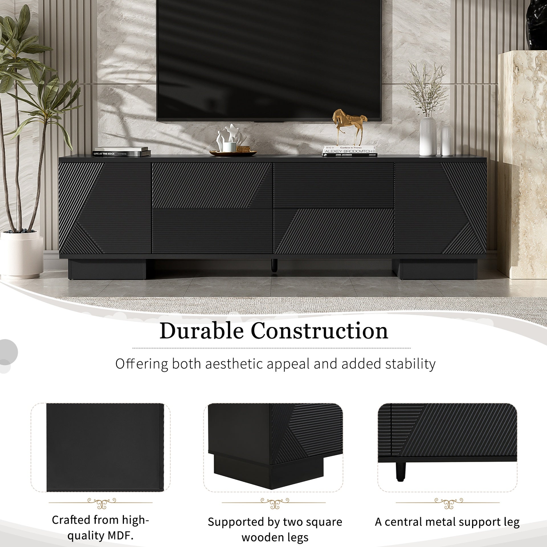 VIBE HAUS 70.8'' Modern TV Stand for TVs up to 75 Inches, Entertainment Center with Storage Cabinets, 4 Drawers and a Metal Center Leg, Minimalist Modern Media TV Console Table for Living Room