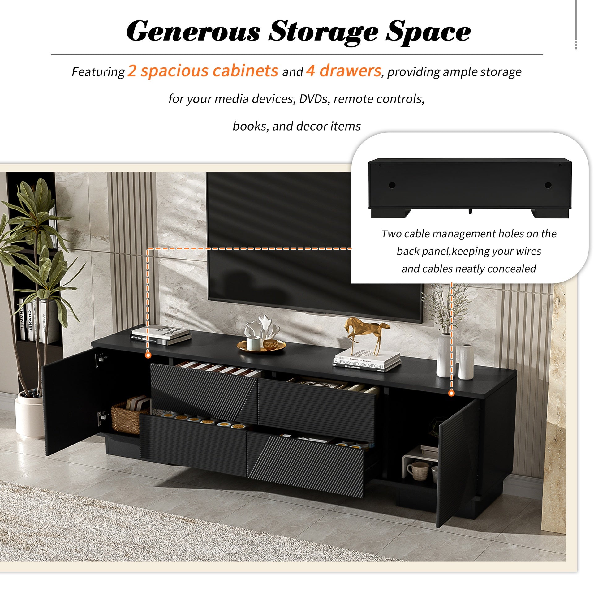 VIBE HAUS 70.8'' Modern TV Stand for TVs up to 75 Inches, Entertainment Center with Storage Cabinets, 4 Drawers and a Metal Center Leg, Minimalist Modern Media TV Console Table for Living Room
