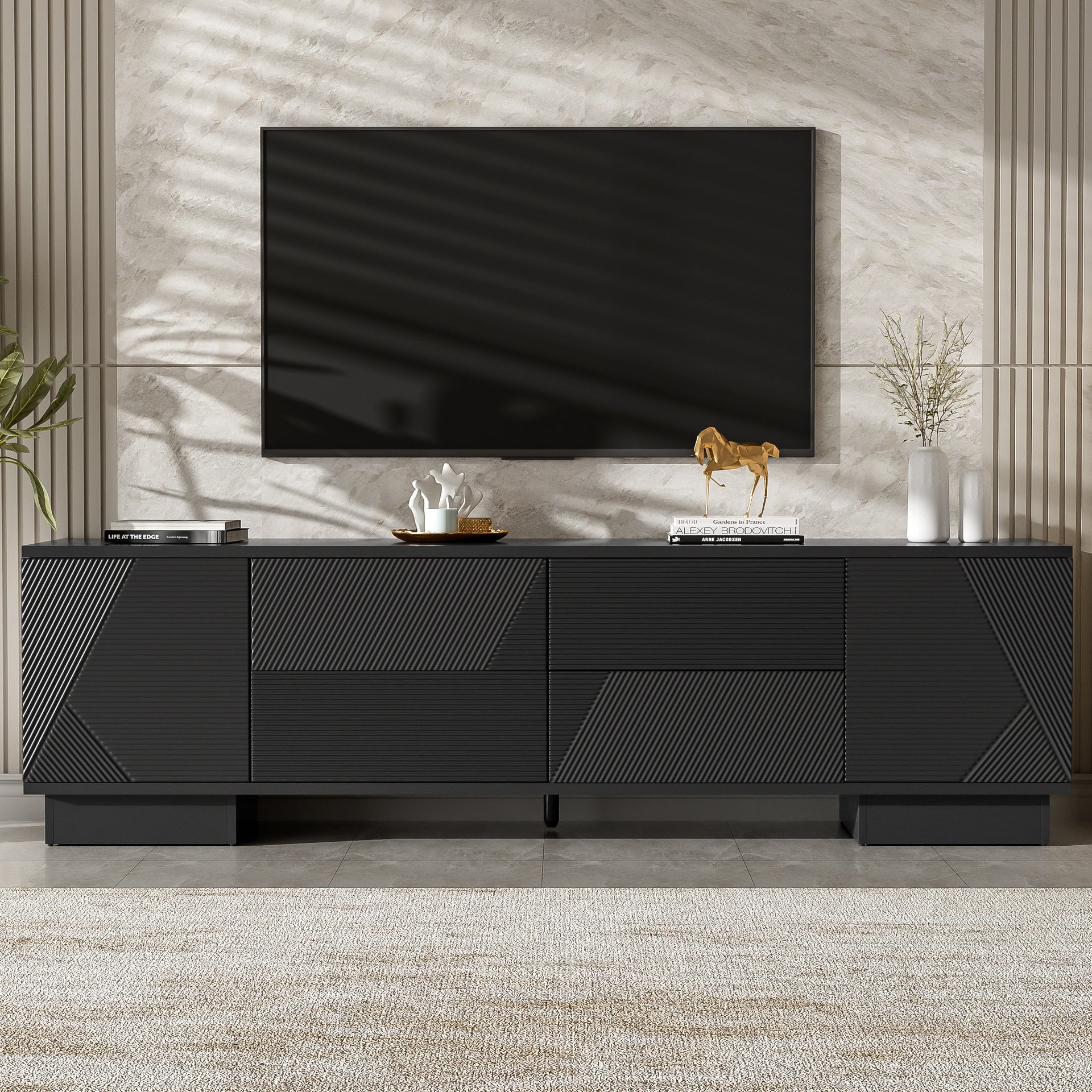 VIBE HAUS 70.8'' Modern TV Stand for TVs up to 75 Inches, Entertainment Center with Storage Cabinets, 4 Drawers and a Metal Center Leg, Minimalist Modern Media TV Console Table for Living Room