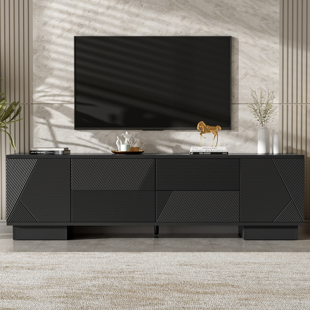 VIBE HAUS 70.8'' Modern TV Stand for TVs up to 75 Inches, Entertainment Center with Storage Cabinets, 4 Drawers and a Metal Center Leg, Minimalist Modern Media TV Console Table for Living Room