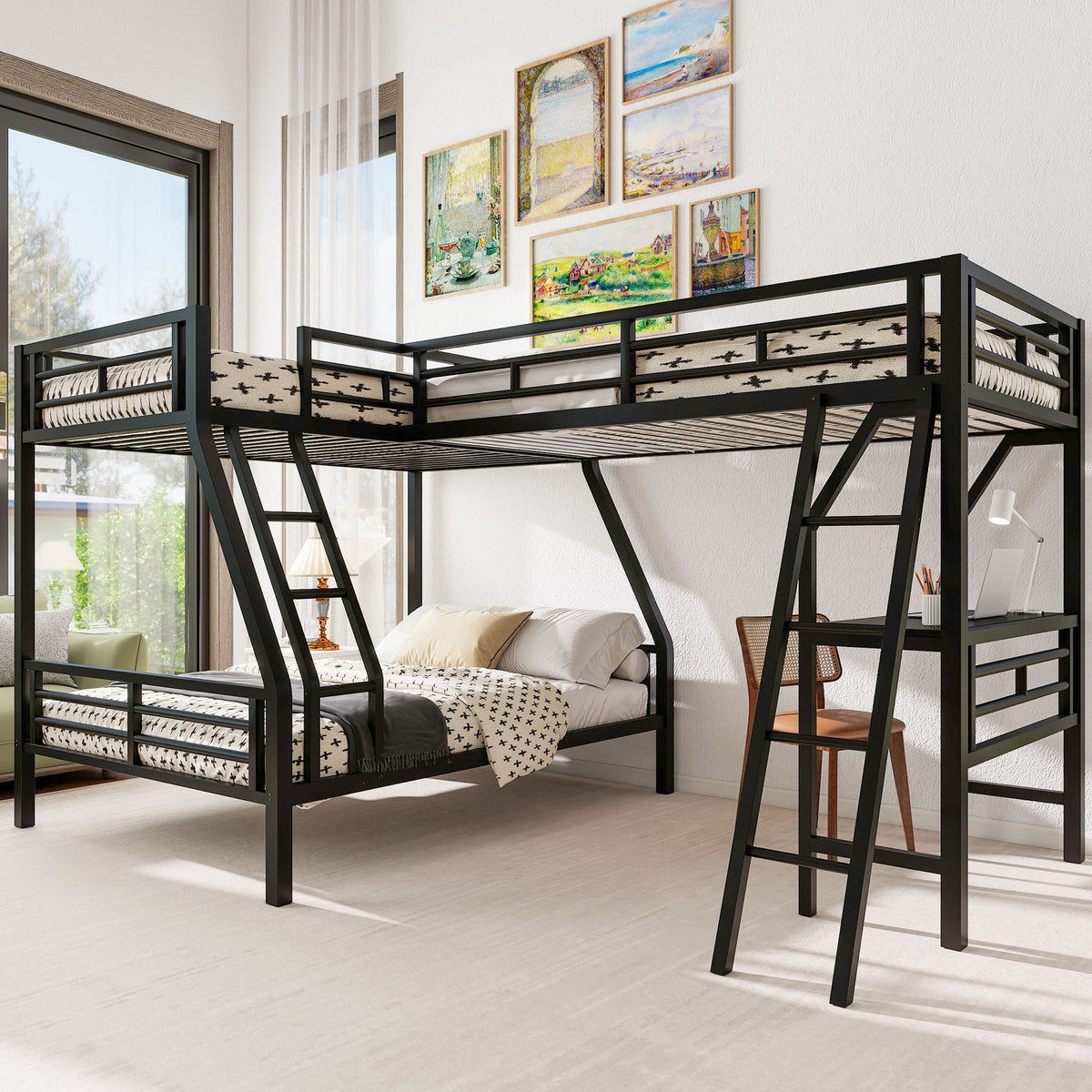 Twin over Full Bunk Bed with a Twin Size Loft Bed attached, with a Desk, Metal, Black