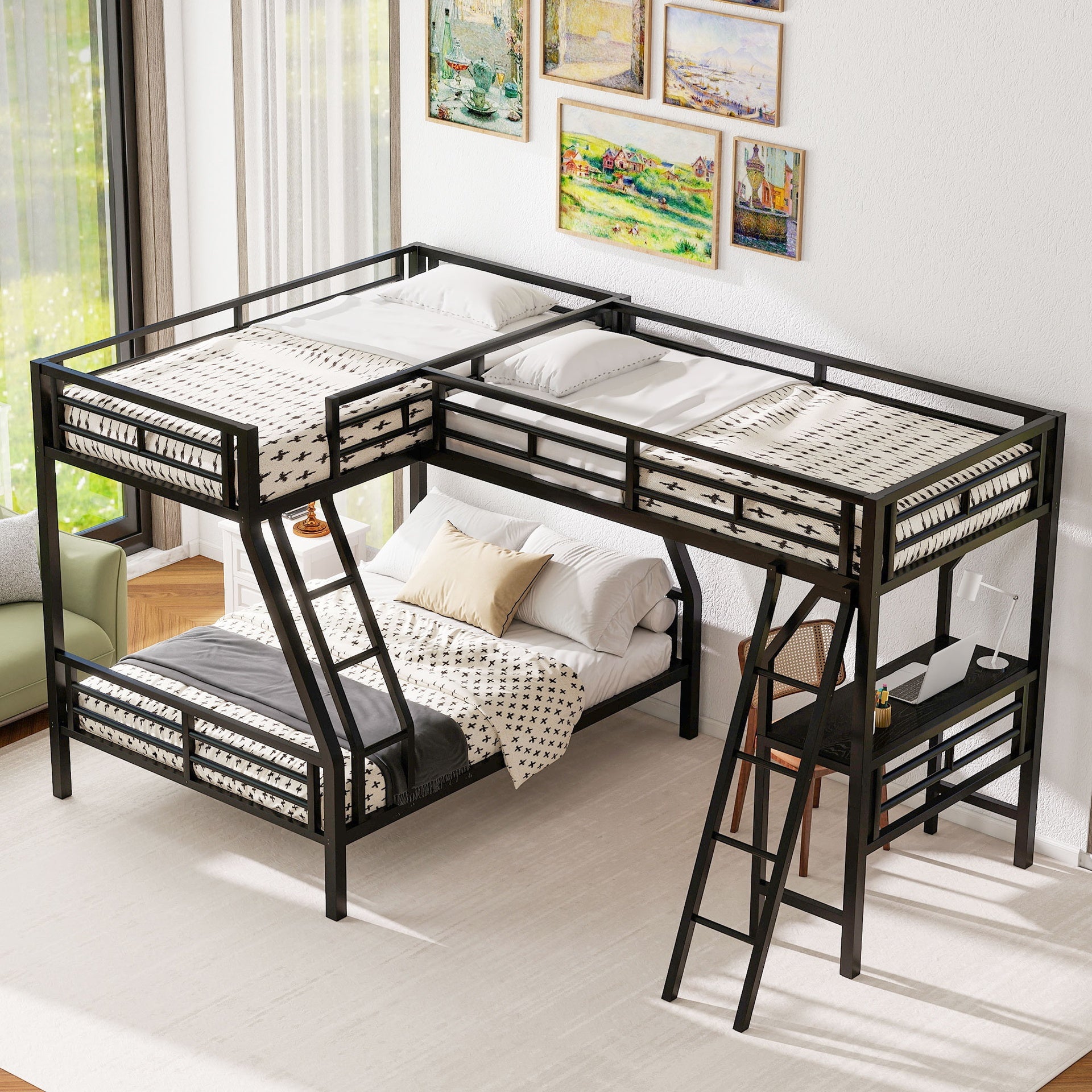 Twin over Full Bunk Bed with a Twin Size Loft Bed attached, with a Desk, Metal, Black