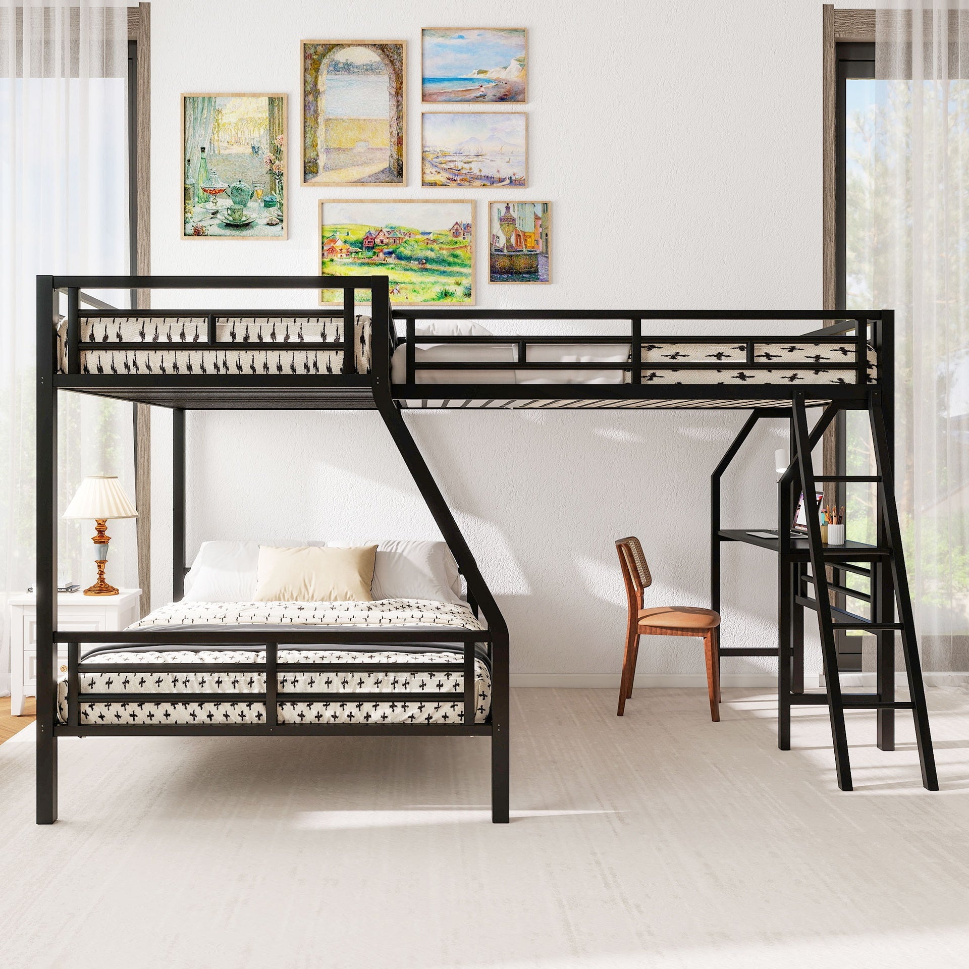 Twin over Full Bunk Bed with a Twin Size Loft Bed attached, with a Desk, Metal, Black