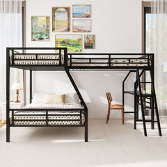 Twin over Full Bunk Bed with a Twin Size Loft Bed attached, with a Desk, Metal, Black