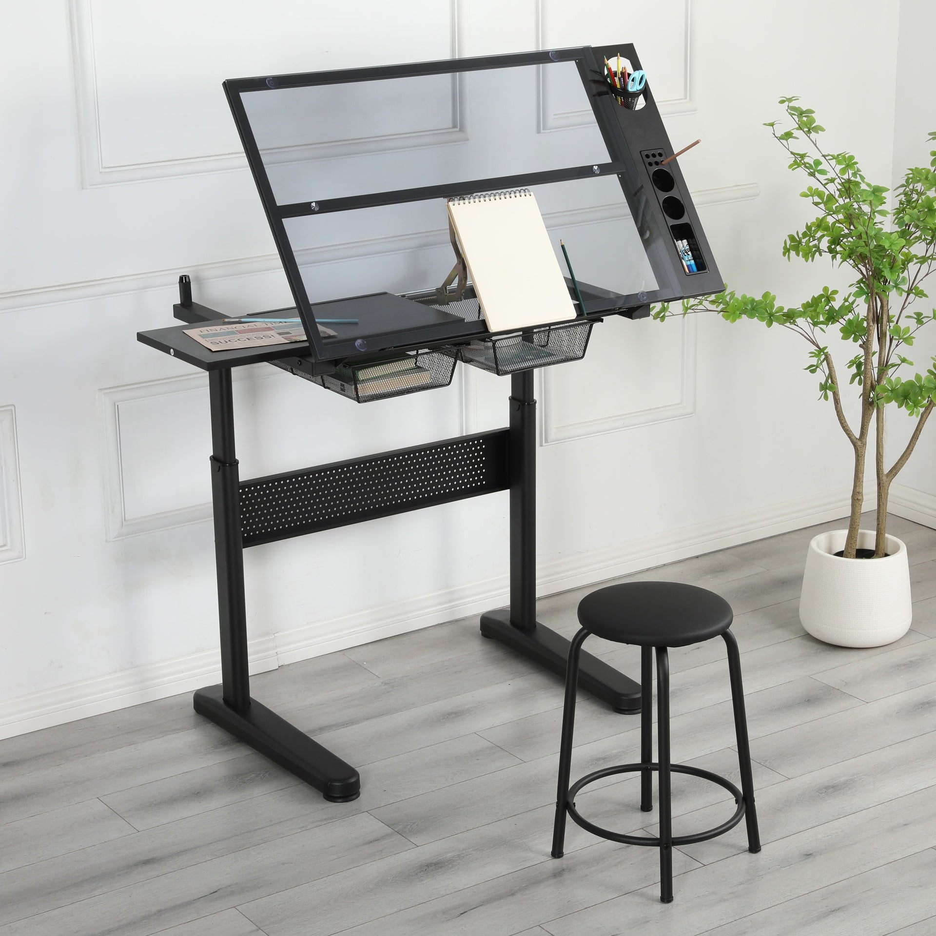 hand crank adjustable drafting table drawing desk with 2 metal drawers (BLACK)WITH STOOL