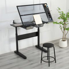 hand crank adjustable drafting table drawing desk with 2 metal drawers (BLACK)WITH STOOL