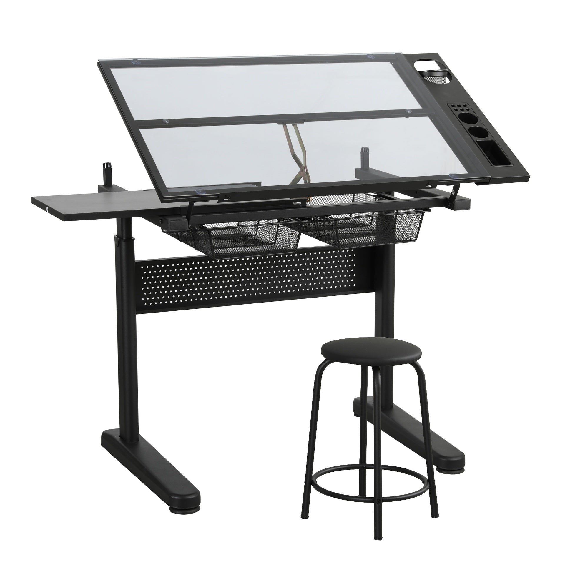 hand crank adjustable drafting table drawing desk with 2 metal drawers (BLACK)WITH STOOL