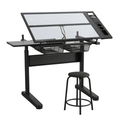 hand crank adjustable drafting table drawing desk with 2 metal drawers (BLACK)WITH STOOL