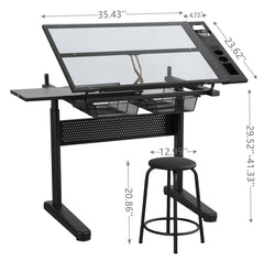 hand crank adjustable drafting table drawing desk with 2 metal drawers (BLACK)WITH STOOL