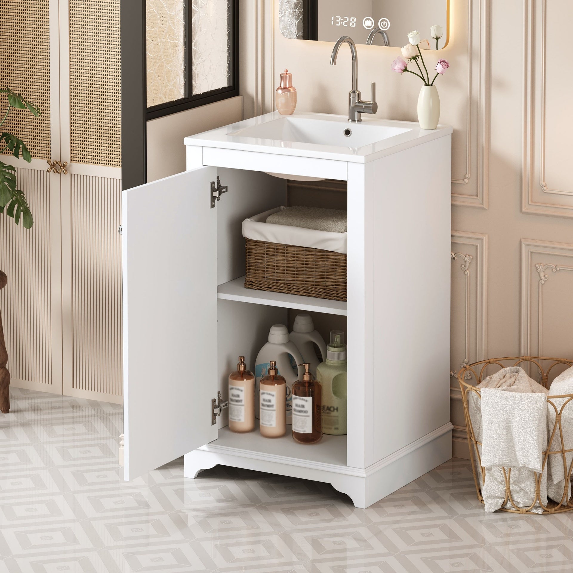 20-inch Bathroom Vanity with Ceramic Sink, Freestanding Single Vanity Set with Soft Closing Door, adjustable shelf, Modern Style, White.