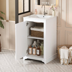 20-inch Bathroom Vanity with Ceramic Sink, Freestanding Single Vanity Set with Soft Closing Door, adjustable shelf, Modern Style, White.