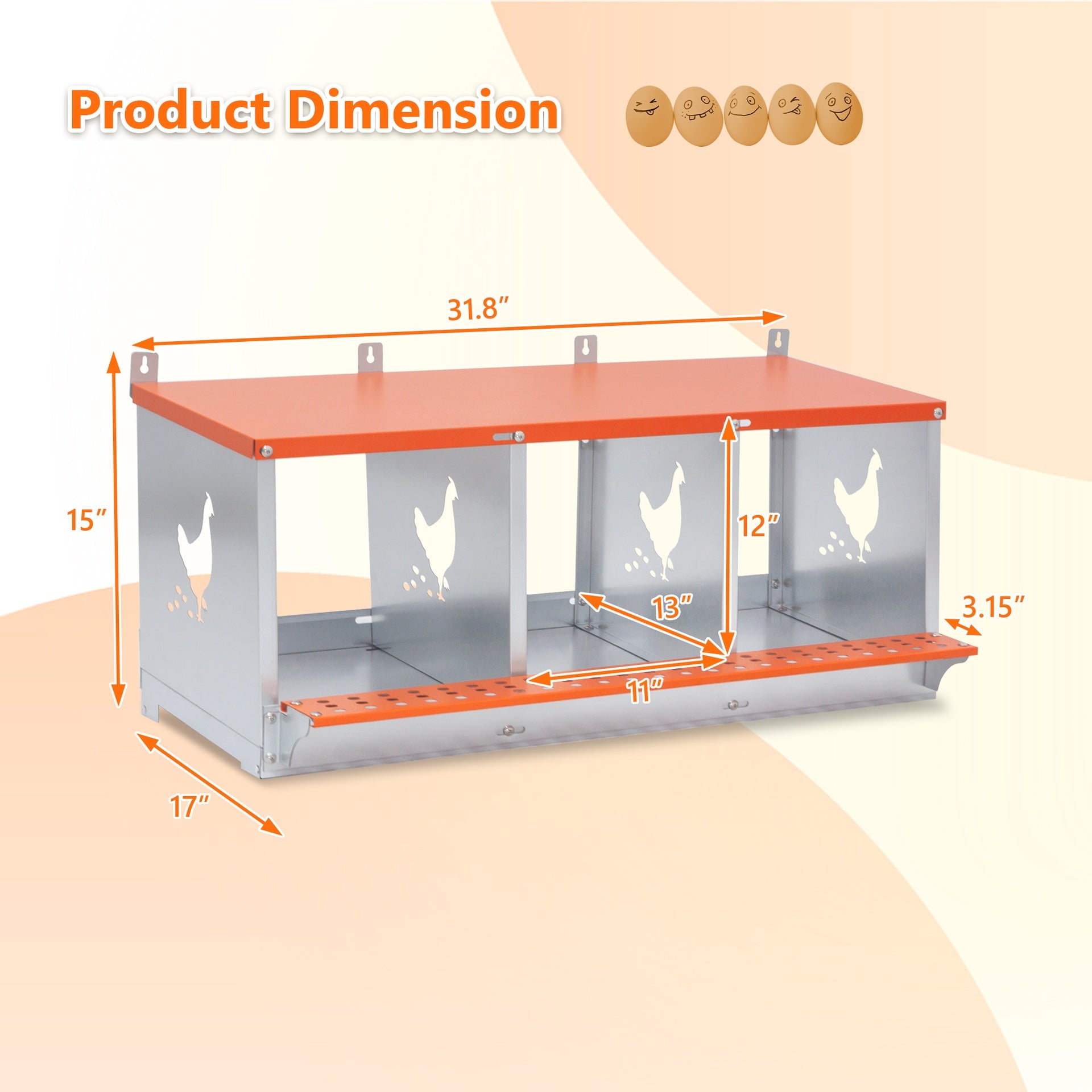 3-Bay Metal Nest Box-Wall Mount for Hens/Ducks, Easy Egg Collection & Assembly, Vented Galvanized Steel Coop Equipment Orange