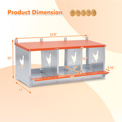 3-Bay Metal Nest Box-Wall Mount for Hens/Ducks, Easy Egg Collection & Assembly, Vented Galvanized Steel Coop Equipment Orange