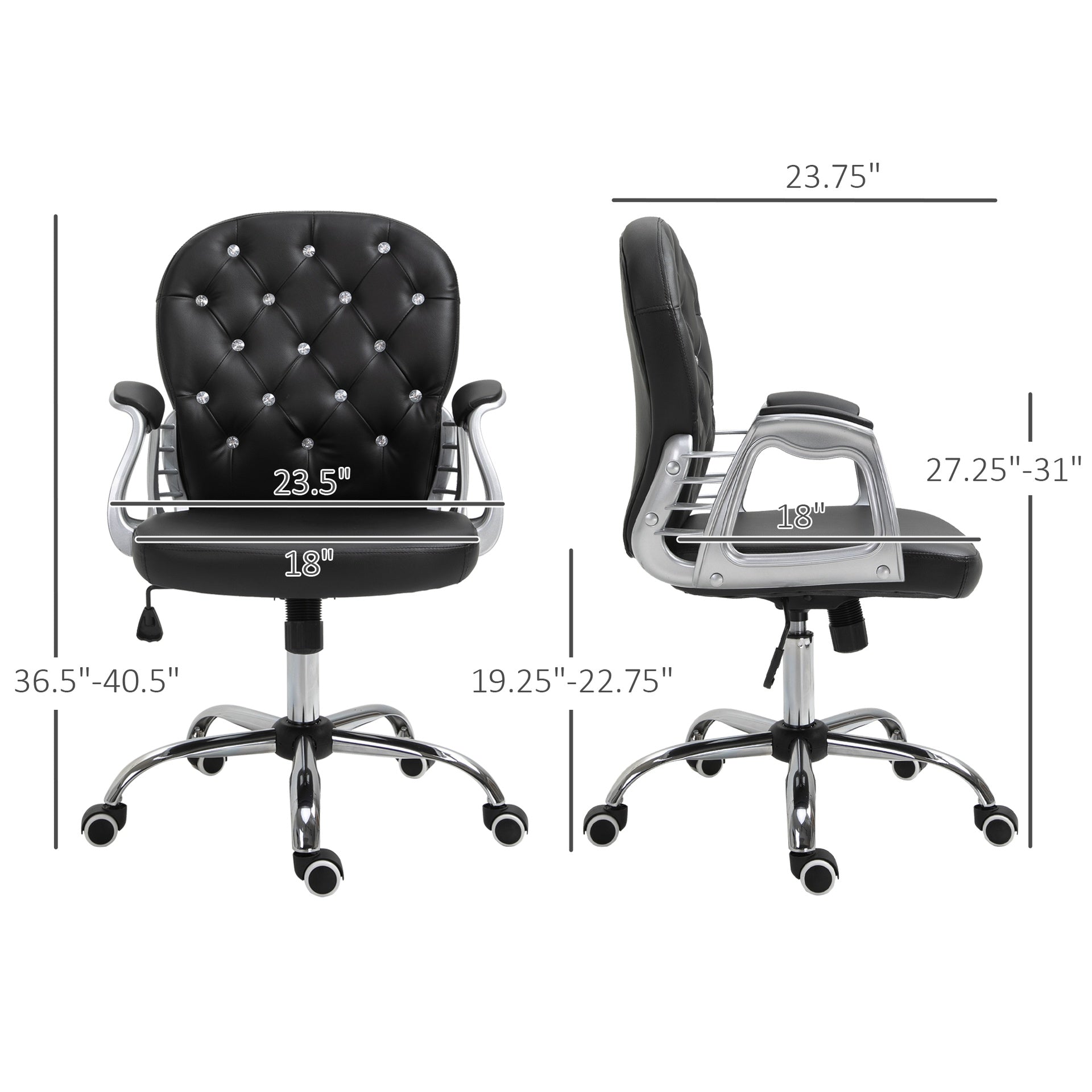 Vinsetto PU Leather Home Office Chair, Button Tufted Desk Chair with Padded Armrests, Adjustable Height and Swivel Wheels, Black