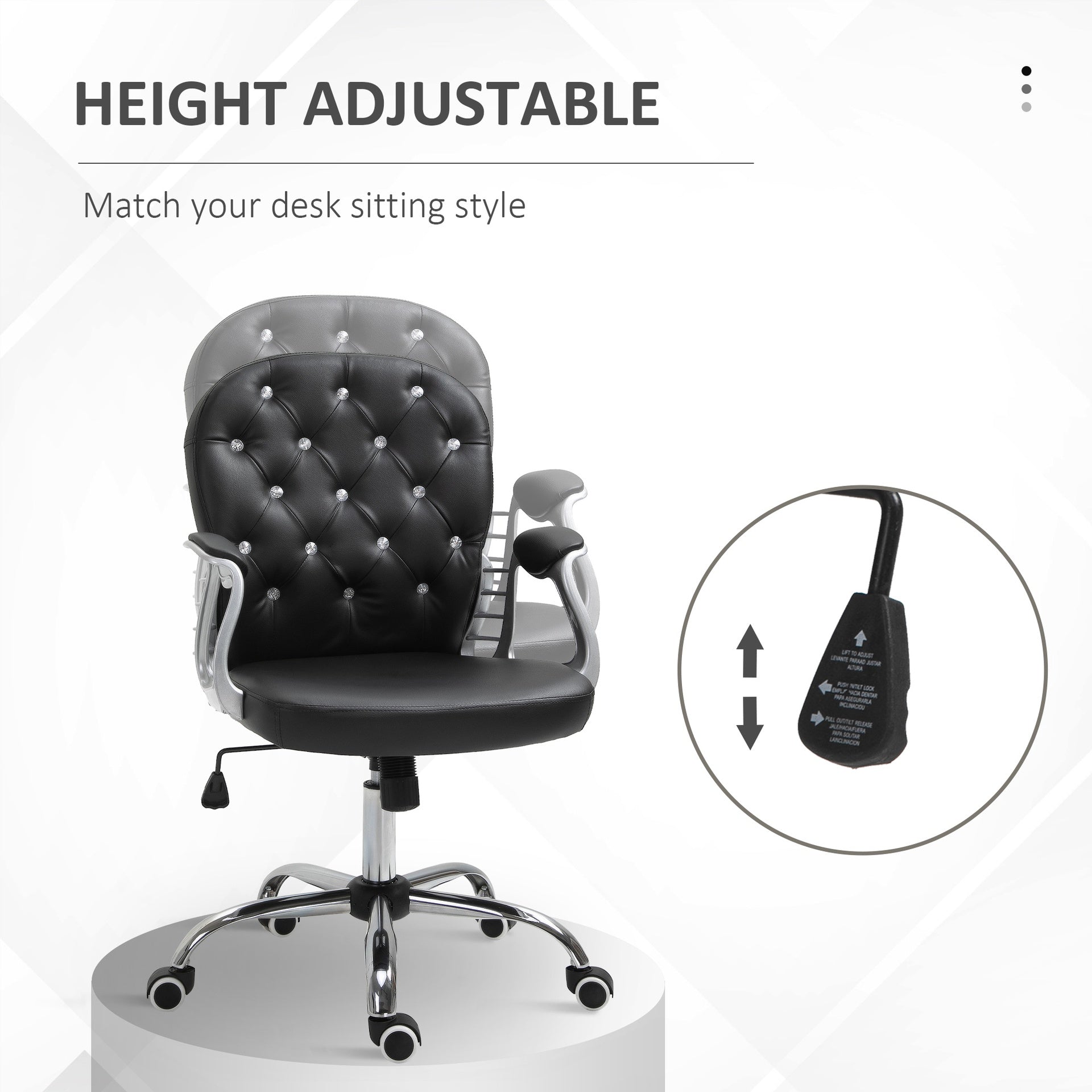 Vinsetto PU Leather Home Office Chair, Button Tufted Desk Chair with Padded Armrests, Adjustable Height and Swivel Wheels, Black