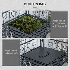 Outsunny Folding Potting Bench Table, Metal Garden Workstation, Work Bench with Large Build-In Bag with Cover, 5 Hanging Hooks & Storage Shelf, Flourishes