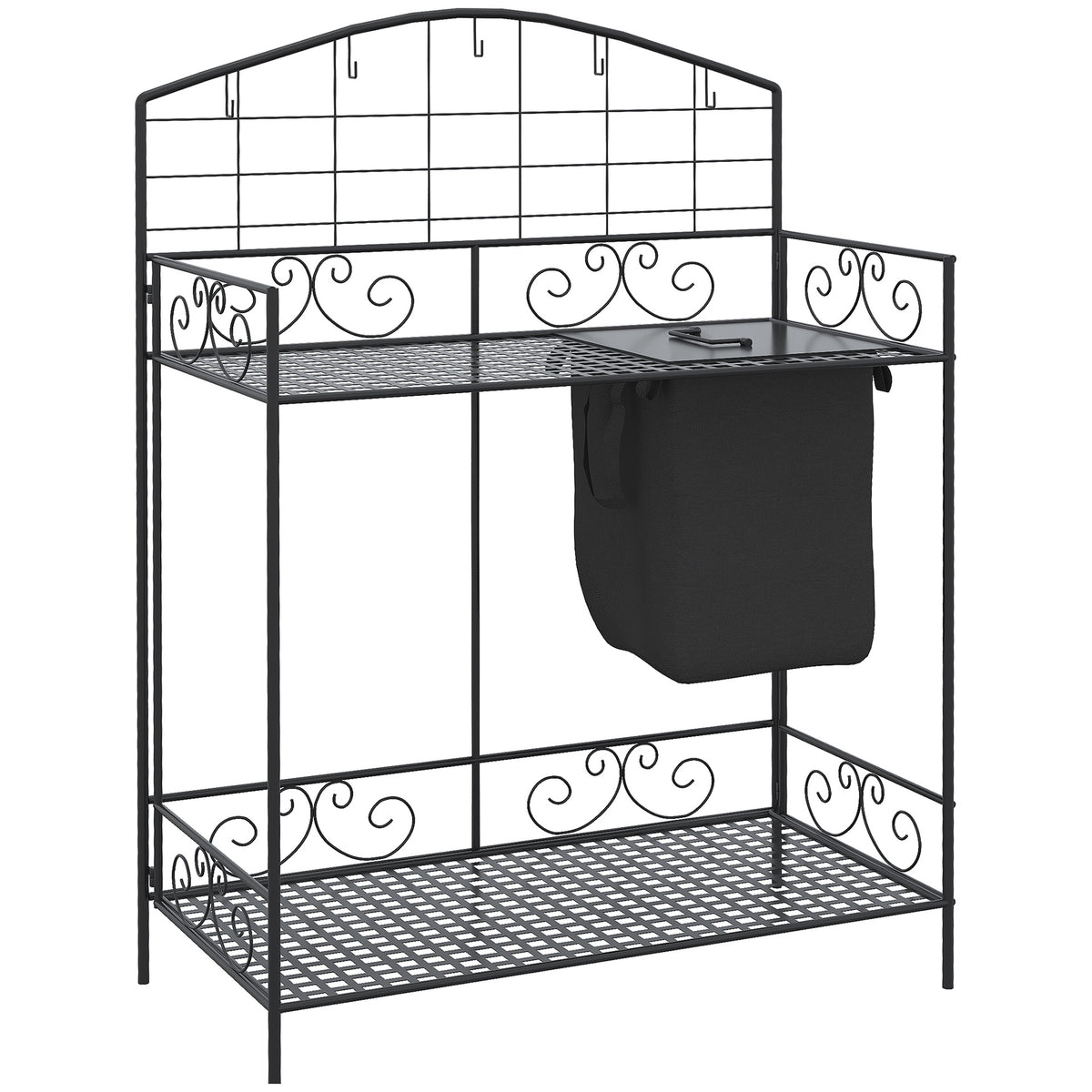 Outsunny Folding Potting Bench Table, Metal Garden Workstation, Work Bench with Large Build-In Bag with Cover, 5 Hanging Hooks & Storage Shelf, Flourishes