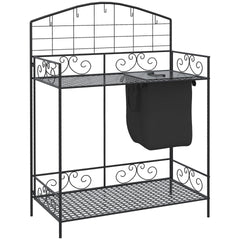 Outsunny Folding Potting Bench Table, Metal Garden Workstation, Work Bench with Large Build-In Bag with Cover, 5 Hanging Hooks & Storage Shelf, Flourishes