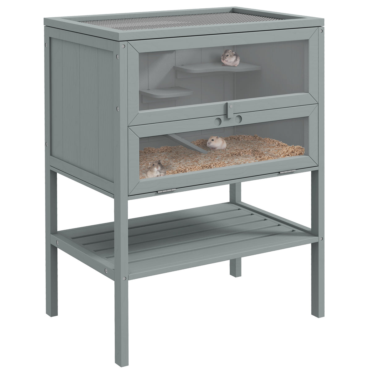 PawHut 3-Tier Wooden Hamster Cage Mice and Rat Cage Small Animals Hutch with Openable Top, Front Door, Storage Shelf, Gray
