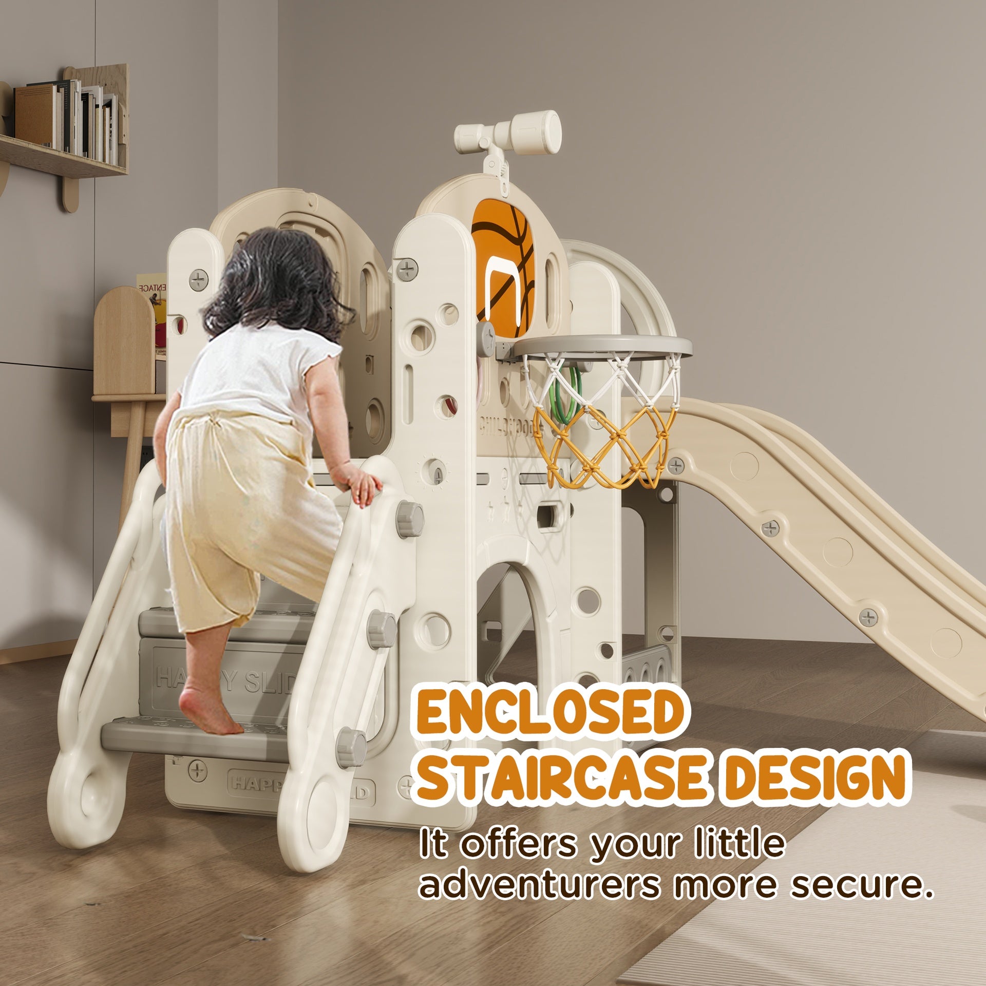 Qaba 7-in-1 Toddler Slide Playset, Kids Slide for Ages 1-6 Years with Ring Toss, Basketball Hoop, Telescope, Indoor Playground with Climber, Storage Space, Crawl Tunnel, Cream White