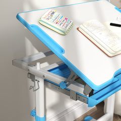 Qaba Kids Desk and Chairs Set, Height Adjustable Children School Study Desk with Tilt Desktop, Storage Drawer, Pen Slot, Hook, Ergonomic Table and Chair Set for Kids, Blue
