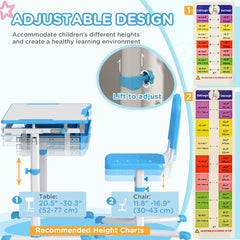 Qaba Kids Desk and Chairs Set, Height Adjustable Children School Study Desk with Tilt Desktop, Storage Drawer, Pen Slot, Hook, Ergonomic Table and Chair Set for Kids, Blue