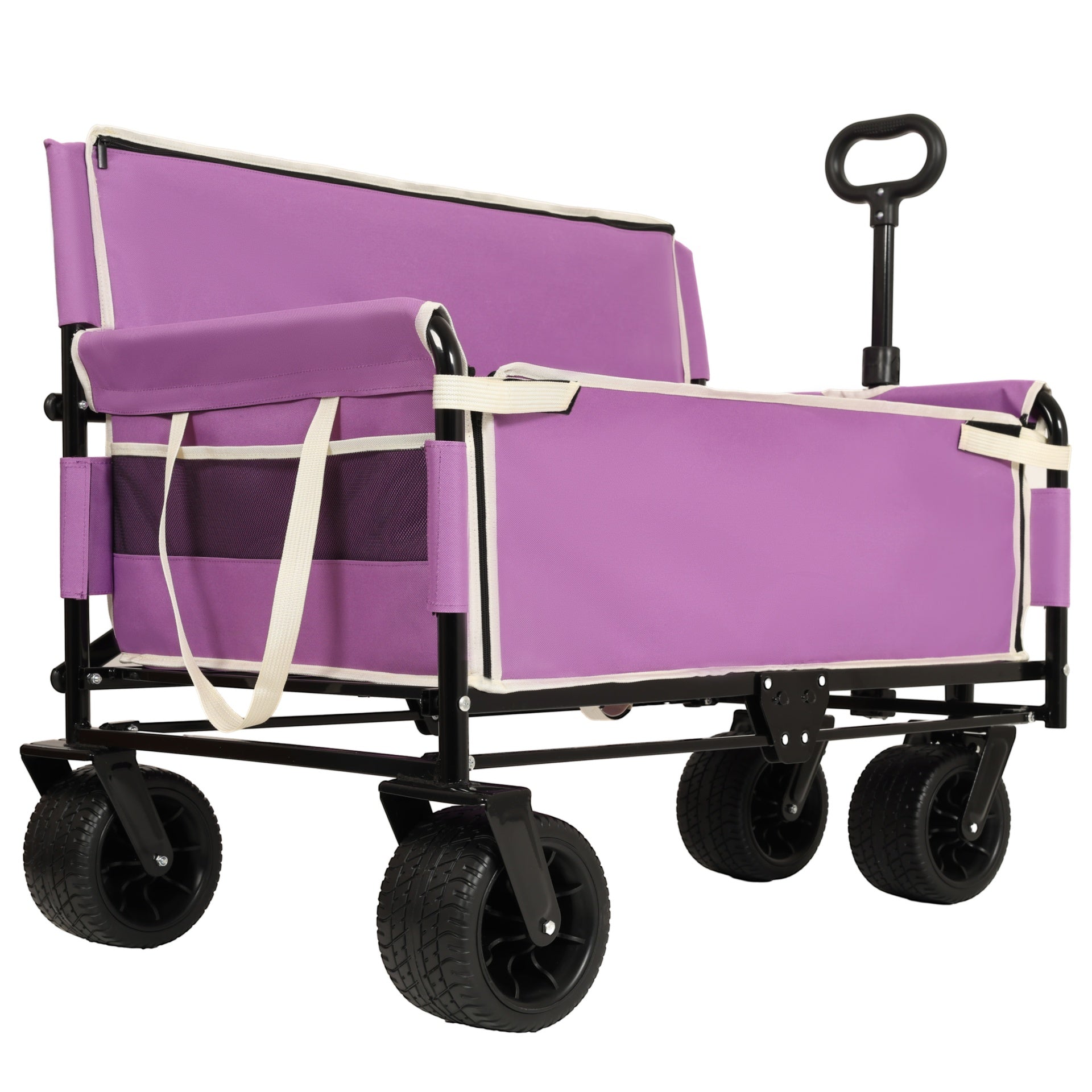 3-in-1 Convertible Folding Wagon Cart with Bench Seat & Storage - 500lbs Heavy-Duty Utility Wagon, 180L Capacity All-Terrain Wheels for Camping, Beach, Sports, Garden, purple