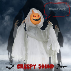 Outdoor Halloween Hanging Pumpkin Ghost w/ Light Up Eyes, Sound Activated Prop w/ Creepy Howling Sounds