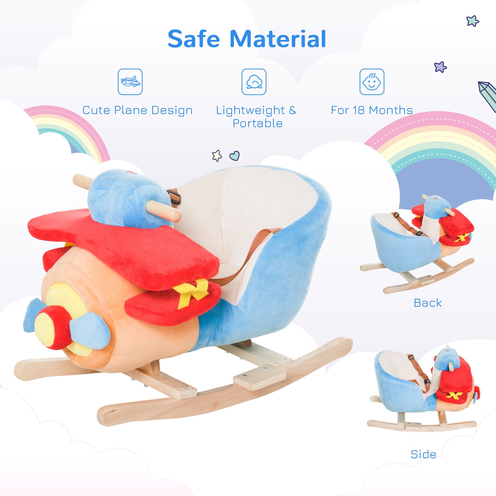 Kids Rocking Horse, Wooden Plush Ride-on Plane Chair Toy