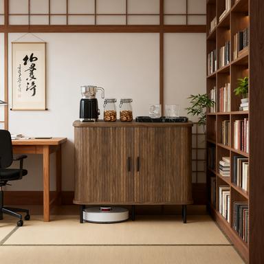 Storage Cabinet Sideboard Buffet Cabinet with Storage, Nordic Coffee Bar Cabinet with Slatted Tambour Doors and Metal Legs, Walnut