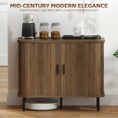 Storage Cabinet Sideboard Buffet Cabinet with Storage, Nordic Coffee Bar Cabinet with Slatted Tambour Doors and Metal Legs, Walnut