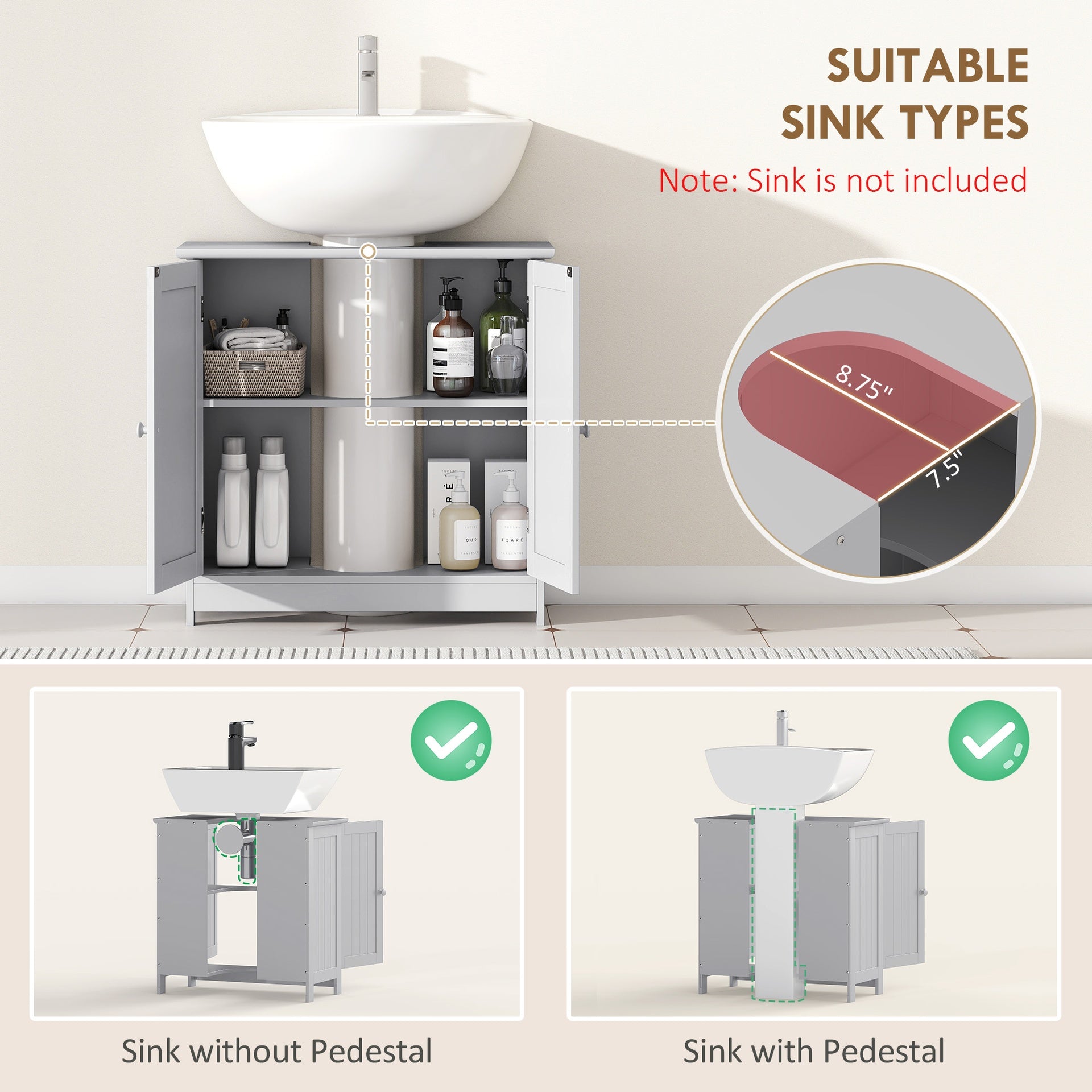Bathroom Vanity Cabinet, Under Sink Bathroom Cabinet with 2 Doors  (Without bathroom basin)