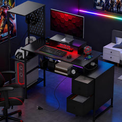 Gaming Desk with Storage, Computer Table with Power Outlets and LED Lights,For Home and Office