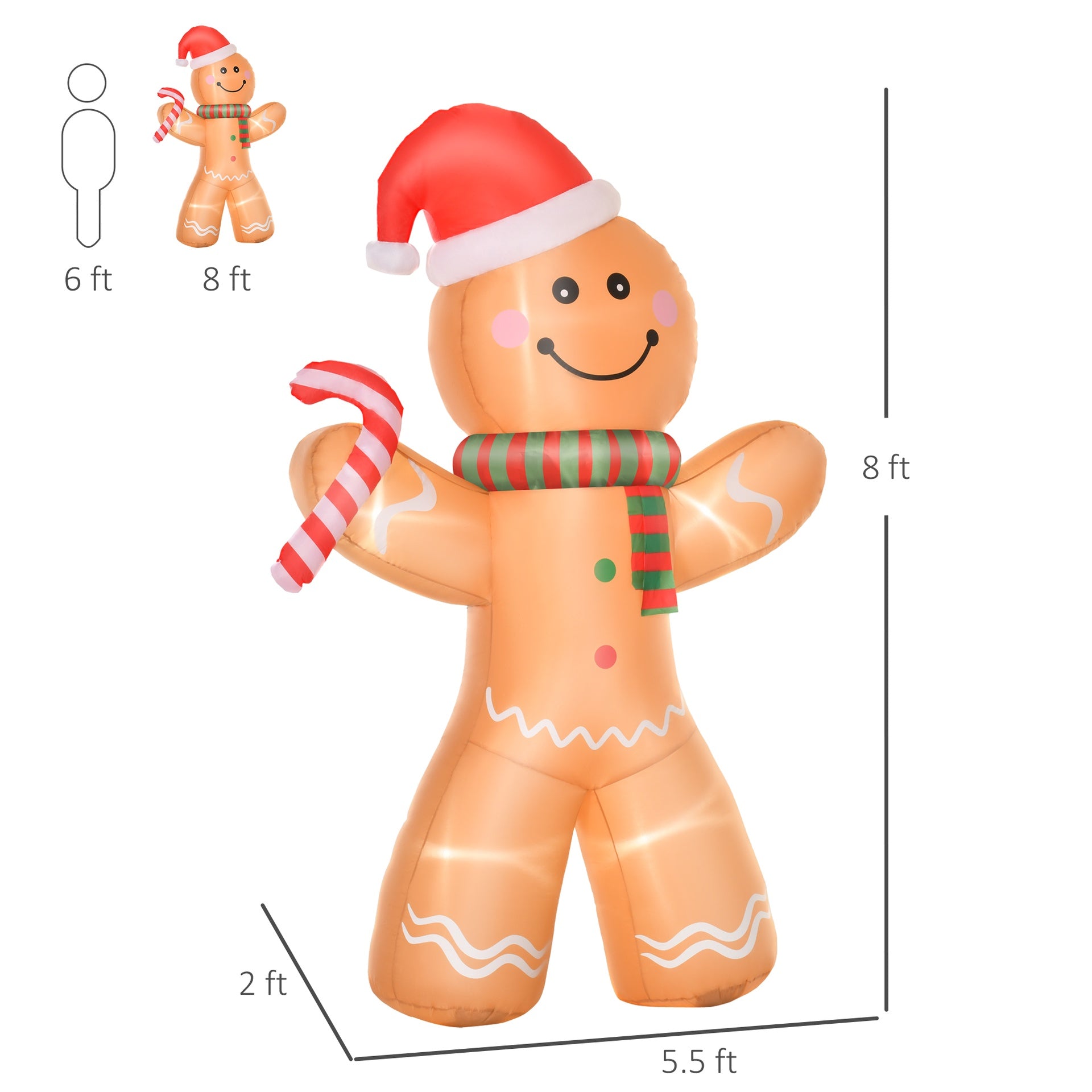 Outdoor Blow-Up Yard Decoration,Christmas Inflatable Gingerbread Man with a Candy Cane with LED Lights Display
