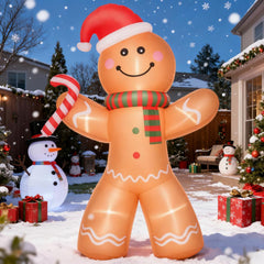 Outdoor Blow-Up Yard Decoration,Christmas Inflatable Gingerbread Man with a Candy Cane with LED Lights Display