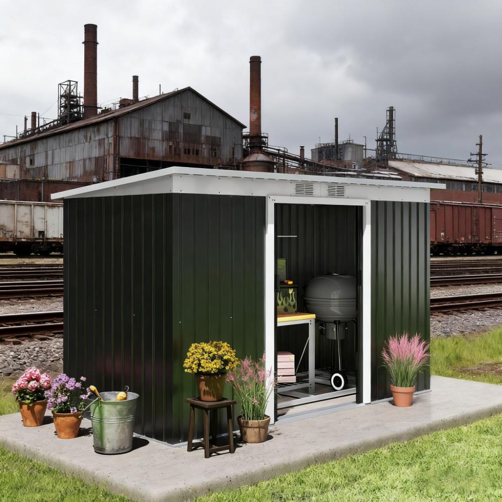 Dark Gray Garden Storage Shed  Outdoor Storage Shed 9' x 4'  Tool House with Double Lockable Doors for Backyard, Patio, Lawn, Garage,