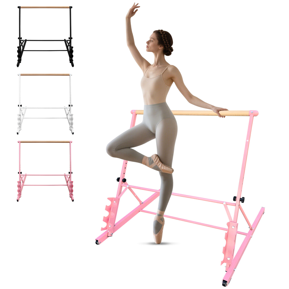 3.5FT Pink Solid Wood Ballet Barre With Adjustable Range Of 31.5-39.5 Inches For Dance Practice