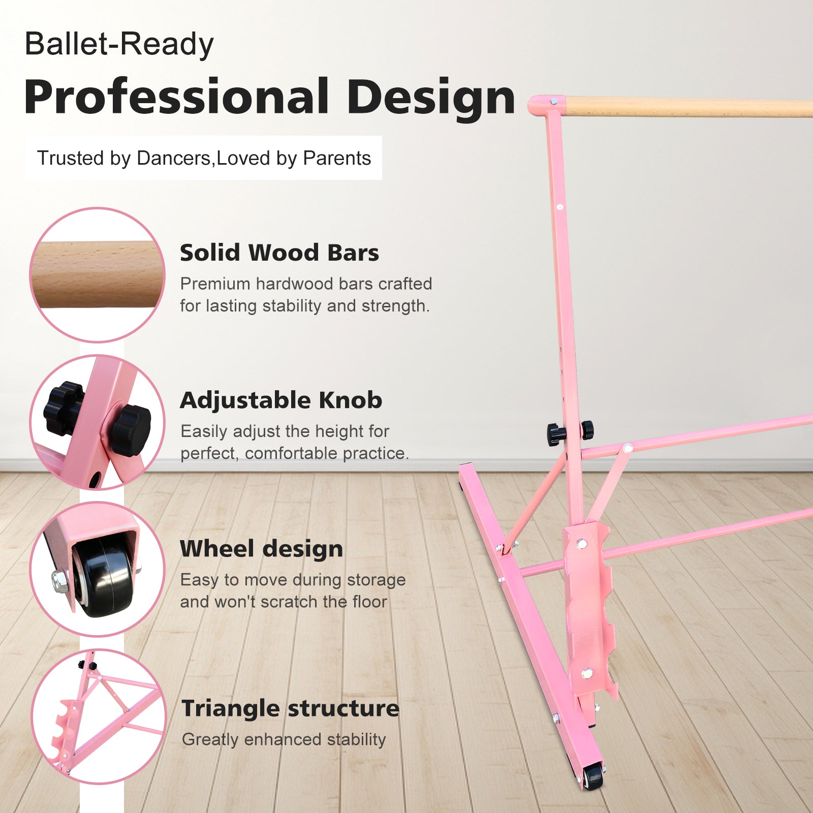 3.5FT Pink Solid Wood Ballet Barre With Adjustable Range Of 31.5-39.5 Inches For Dance Practice