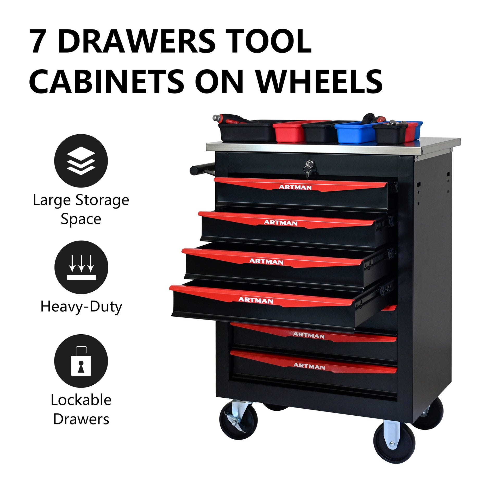 7 Drawers Multifunctional Tool Cart with Wheels,Metal Rolling Tool Cart Storage for Garage Workshop Warehouse Repair Shop--With Stainless Steel Roof- BLACK&RED