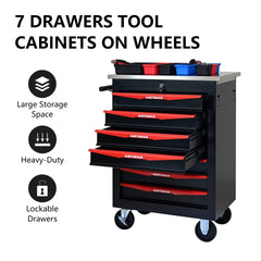 7 Drawers Multifunctional Tool Cart with Wheels,Metal Rolling Tool Cart Storage for Garage Workshop Warehouse Repair Shop--With Stainless Steel Roof- BLACK&RED