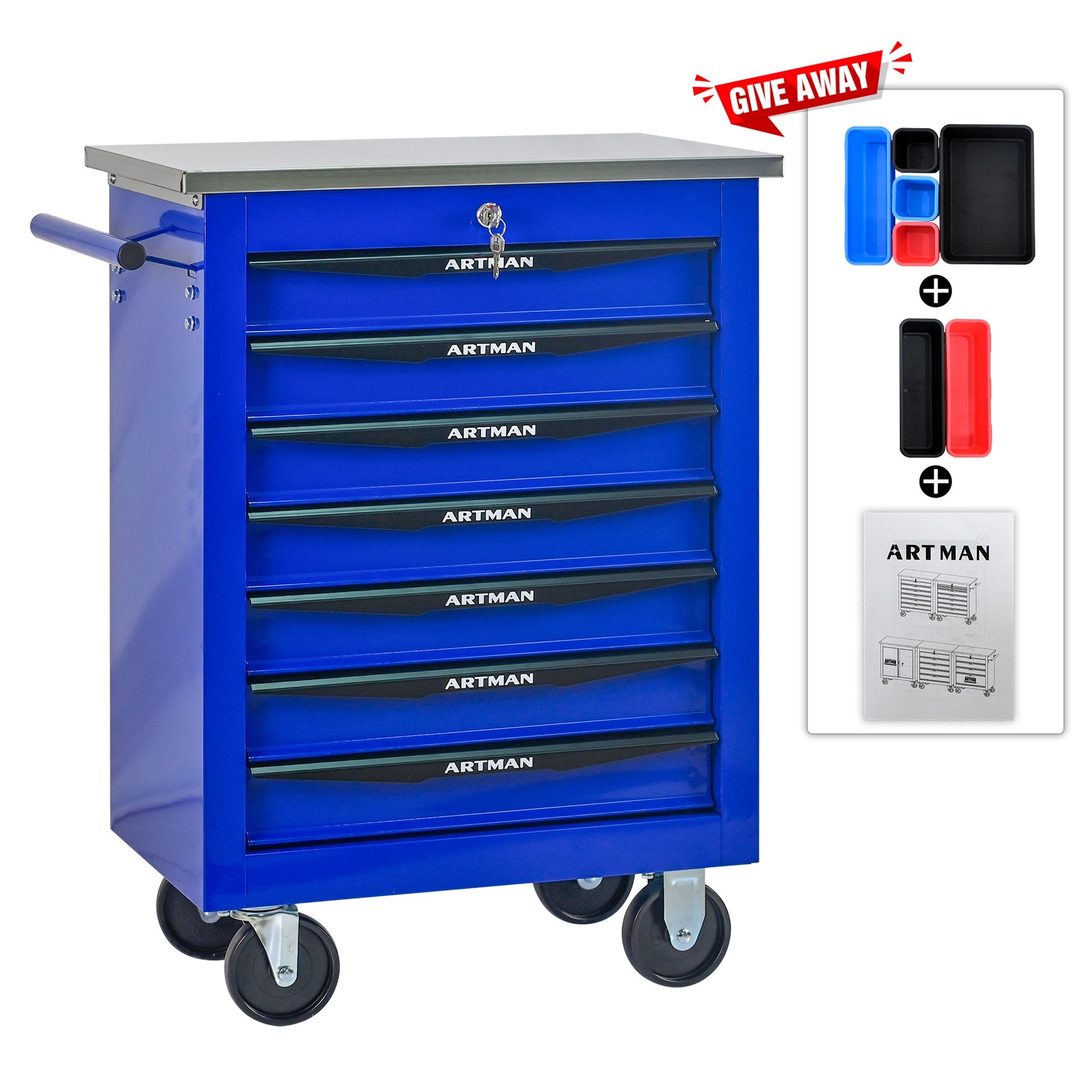7 Drawers Multifunctional Tool Cart with Wheels,Metal Rolling Tool Cart Storage for Garage Workshop Warehouse Repair Shop--With Stainless Steel Roof- BLACK&BLUE
