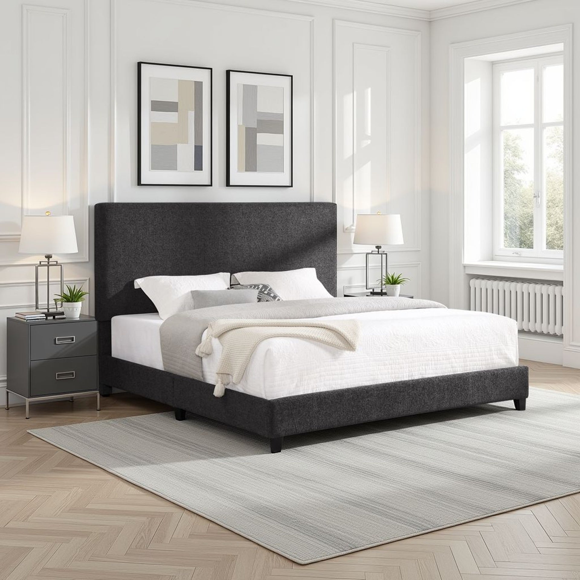 King Size Charcoal Grey Upholstered Platform Bed