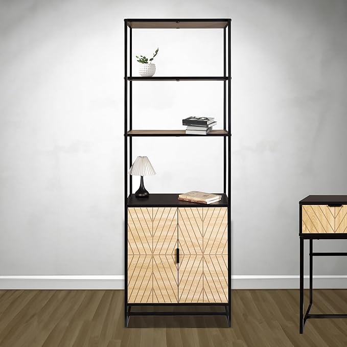 Bali Coastal Modern 6-Tier Book Shelf with Storage, Black with Natural Wood