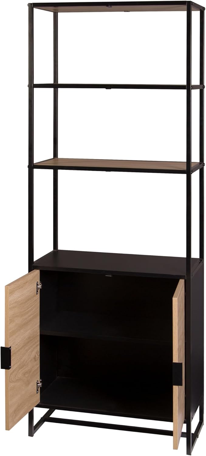 Bali Coastal Modern 6-Tier Book Shelf with Storage, Black with Natural Wood